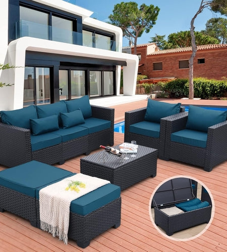Patio Furniture Set 6 Pieces Peacock Blue Cushions Included