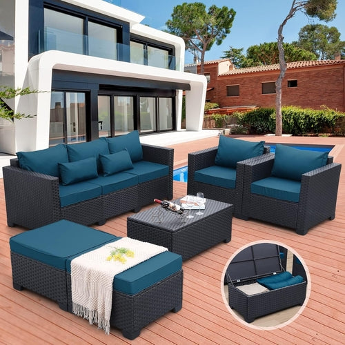 Load image into Gallery viewer, Patio Furniture Set 6 Pieces Peacock Blue Cushions Included
