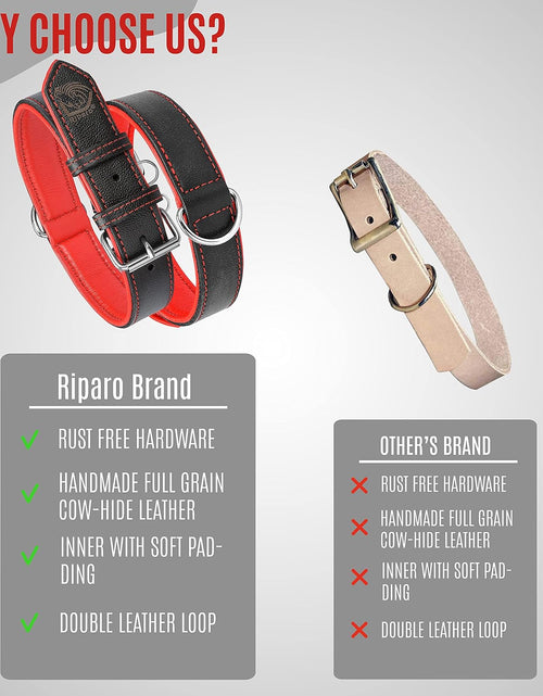 Load image into Gallery viewer, Riparo Genuine Leather Padded Dog Heavy Duty K-9 Adjustable Collar (M: 1” Wide for 14.5” - 17.5” Neck, Black/Red Thread)
