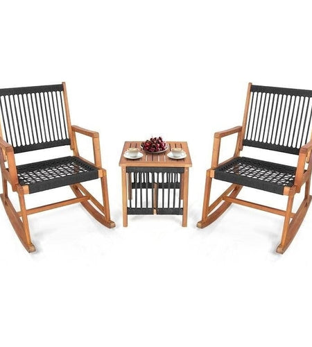 3 Piece Outdoor Wood Patio Furniture Rocking Chair Table Bistro Set