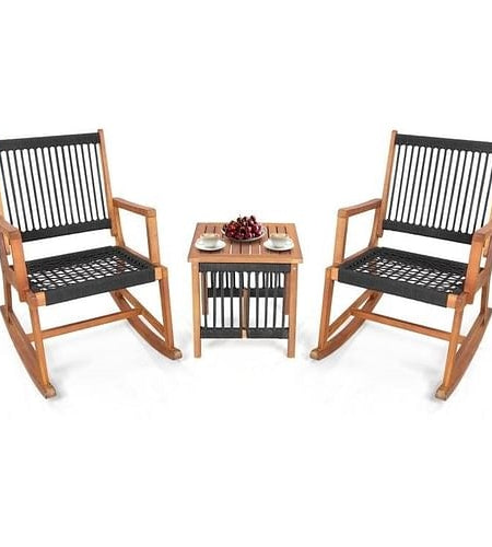 3 Piece Outdoor Wood Patio Furniture Rocking Chair Table Bistro Set