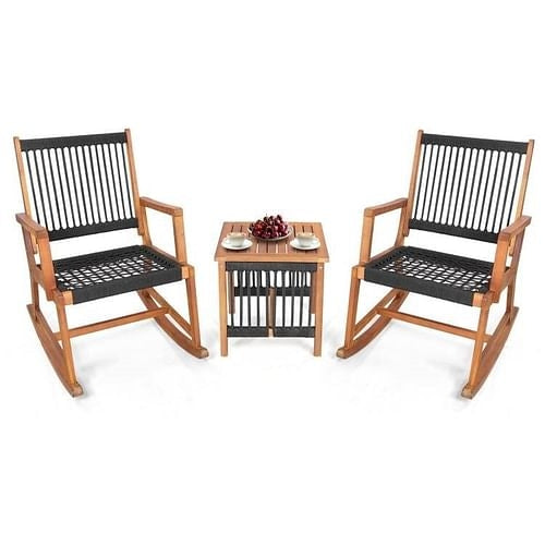 Load image into Gallery viewer, 3 Piece Outdoor Wood Patio Furniture Rocking Chair Table Bistro Set
