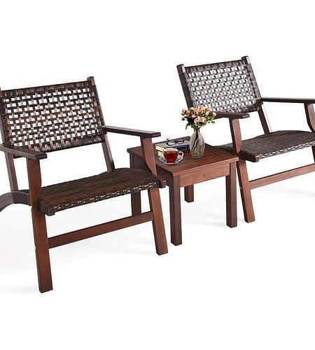 Solid Wood and Rattan 3-Piece Outdoor Patio Furniture Table Chairs Set