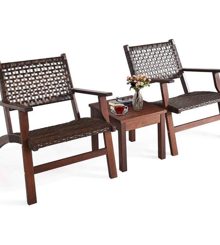 Solid Wood and Rattan 3-Piece Outdoor Patio Furniture Table Chairs Set