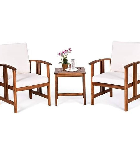 3-Piece Solid Wood Outdoor Patio Furniture Table Chairs Set with White