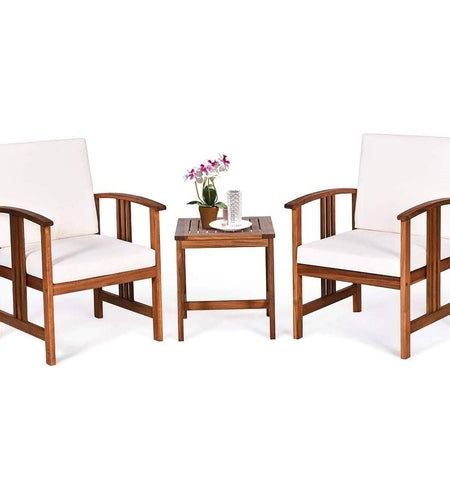 3-Piece Solid Wood Outdoor Patio Furniture Table Chairs Set with White