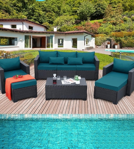 Patio Furniture Set 6 Pieces Peacock Blue Cushions Included