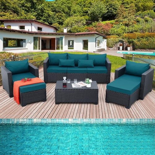 Load image into Gallery viewer, Patio Furniture Set 6 Pieces Peacock Blue Cushions Included
