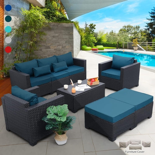 Load image into Gallery viewer, Patio Furniture Set 6 Pieces Peacock Blue Cushions Included
