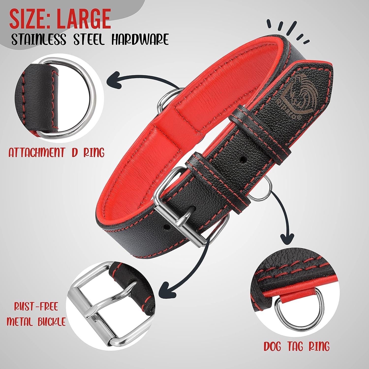 Riparo Genuine Leather Padded Dog Heavy Duty K-9 Adjustable Collar (M: 1” Wide for 14.5” - 17.5” Neck, Black/Red Thread)